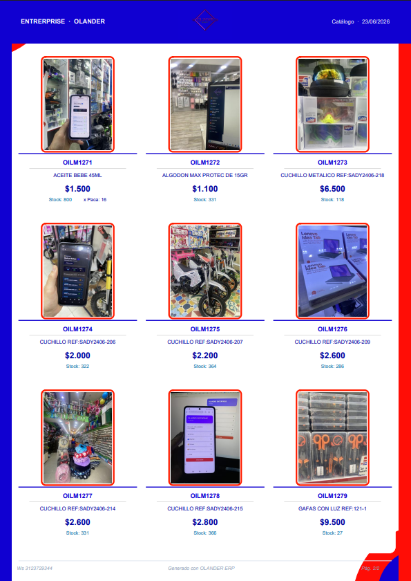 Catálogo PDF generado por OLANDER ERP — muestra con fotos, precios y stock