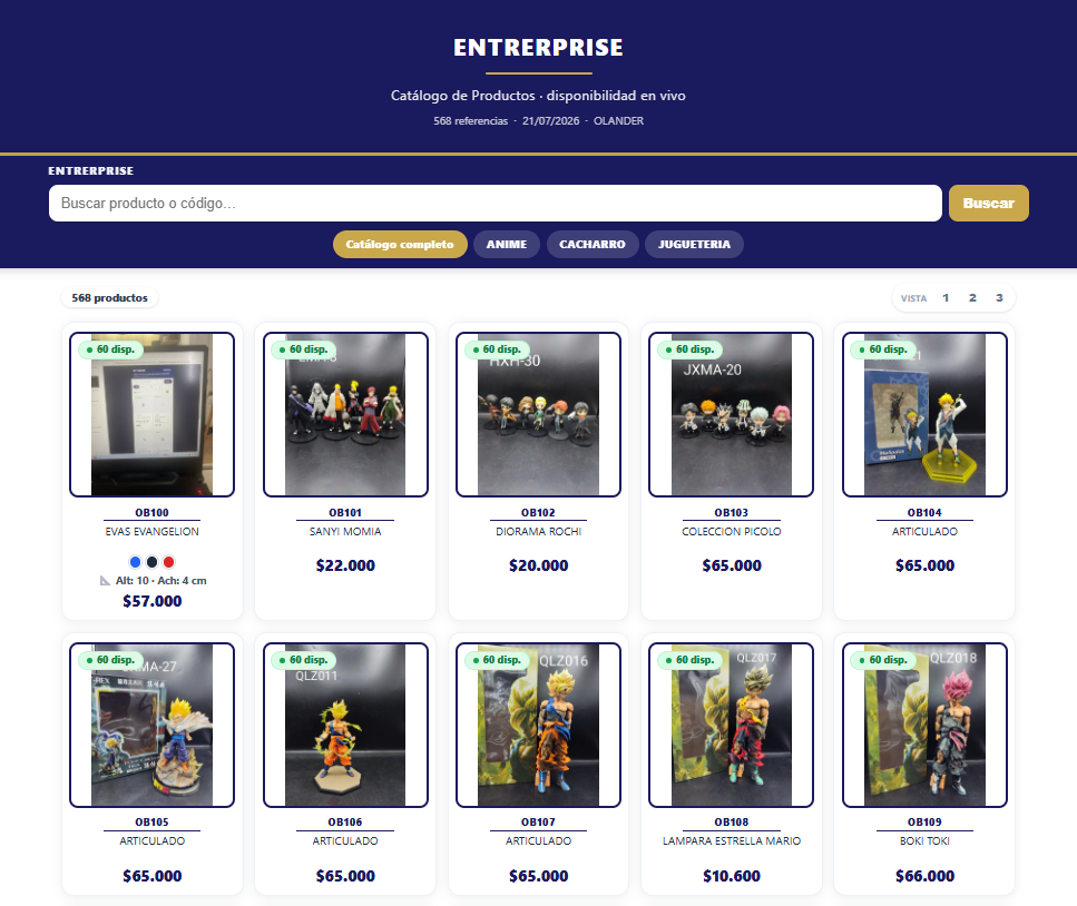 Catálogo en línea de OLANDER ERP — buscador, filtros por categoría, fotos, precios y unidades disponibles en vivo